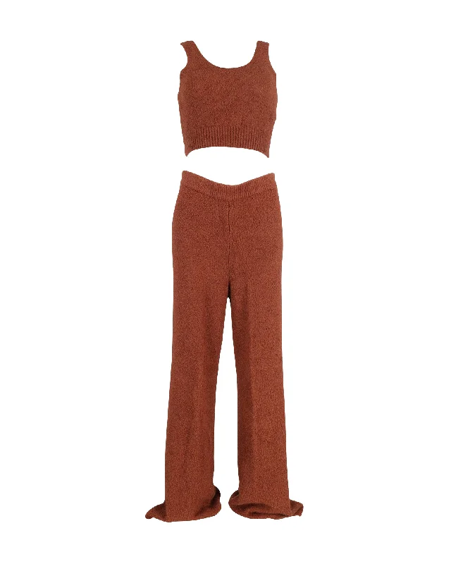 Reformation + Net Sustain Isle Bouclé Cropped Top And Wide-Leg Pants Set in Brown Organic Cotton Elegant Wool Trousers