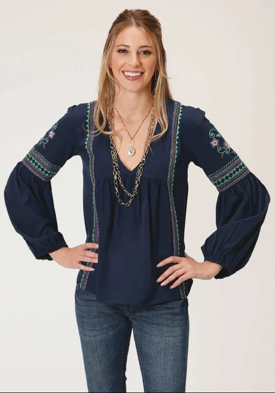 03-050-0565-7040BU Roper Women's Embroidered Blouse Boho Printed Blouse