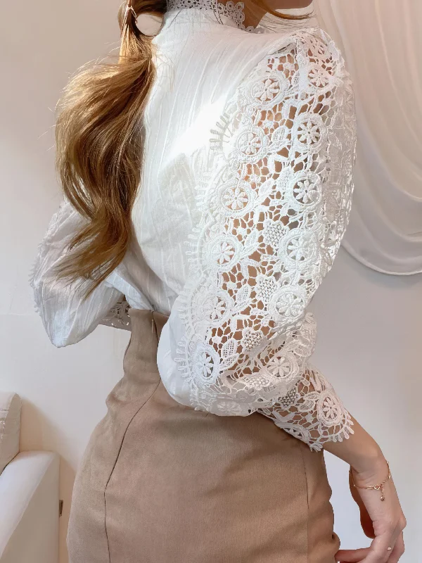 Appealing Lace Blouse with Long Sleeves and High Neckline Soft Knit Blouse