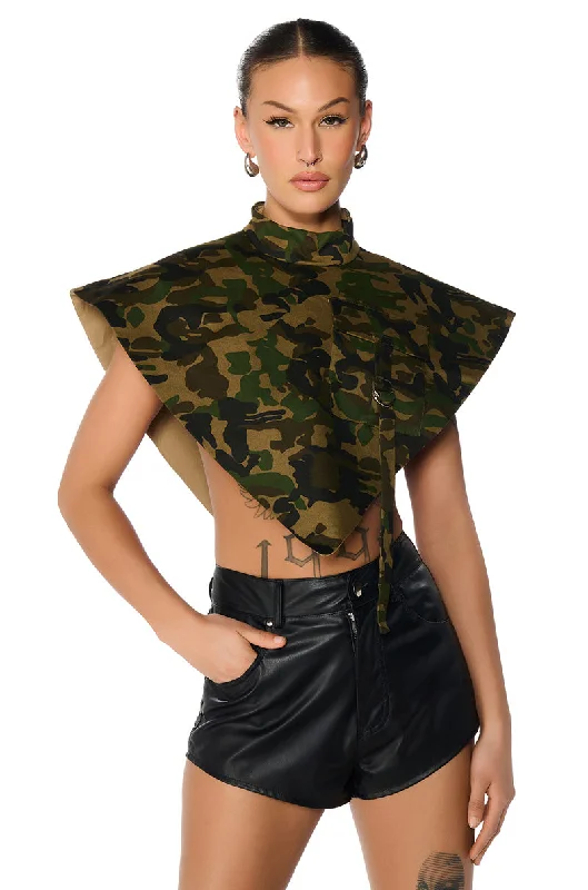 ARIA CAMO PRINT MOCK NECK TRIANGLE BLOUSE Elegant Office Blouse