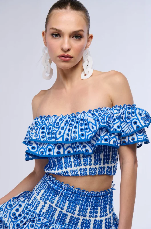 BLUE SUMMER LOVING OFF THE SHOULDER RUFFLE CROP BLOUSE Relaxed Fit Blouse