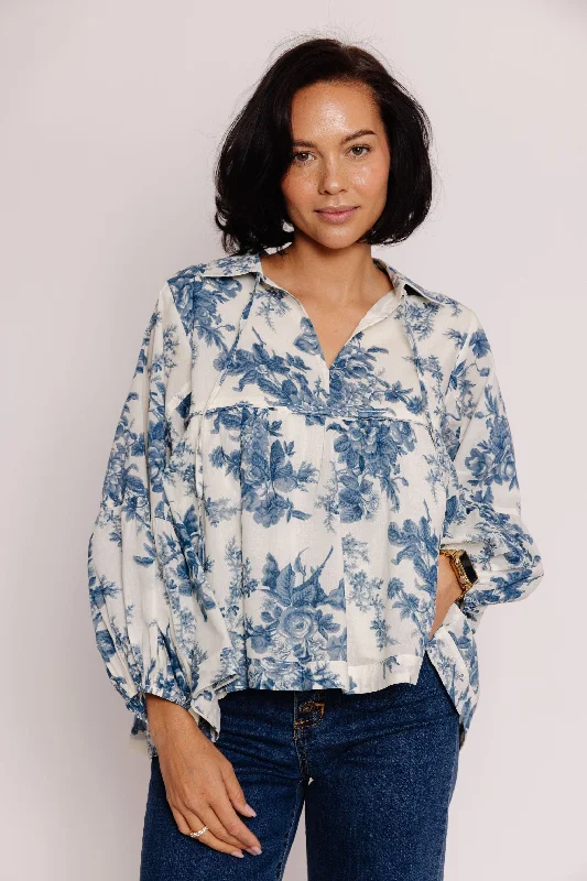 Brant Blouse in Indigo Floral Stylish Wrap Blouse