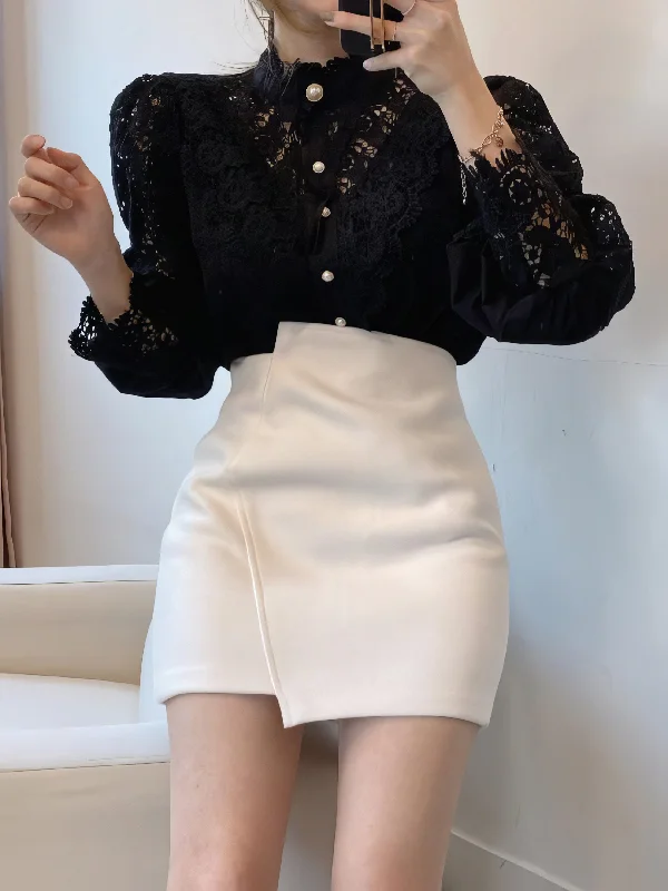 Breathtaking Lace Blouse with Puff Sleeves and Pearl Accents Casual Relaxed Blouse