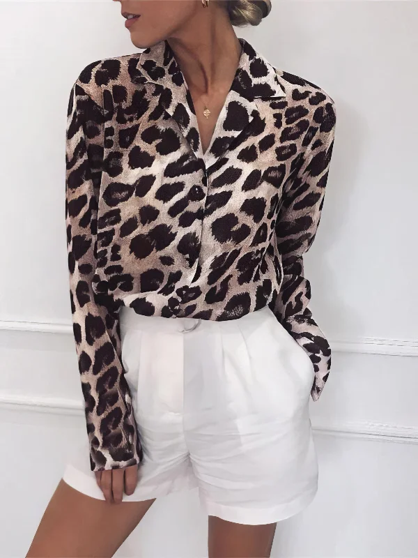 Button-Down Leopard Blouse Mandarin Collar Blouse