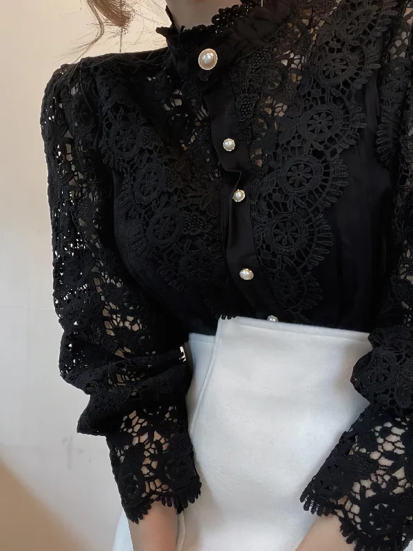 Captivating Lace Blouse with Stand Collar and Pearl Closure Asymmetric Hem Blouse