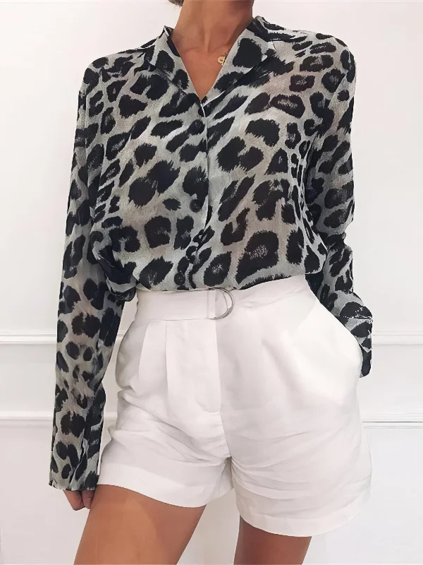 Casual Leopard Blouse Elegant Semi-Sheer Blouse