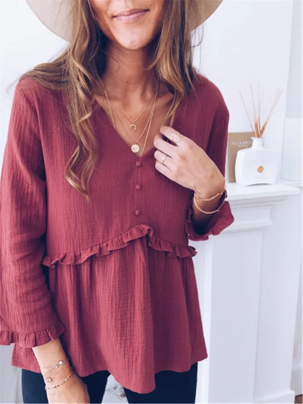 Casual Loose V-Neck Button Blouse Puff Sleeve Blouse