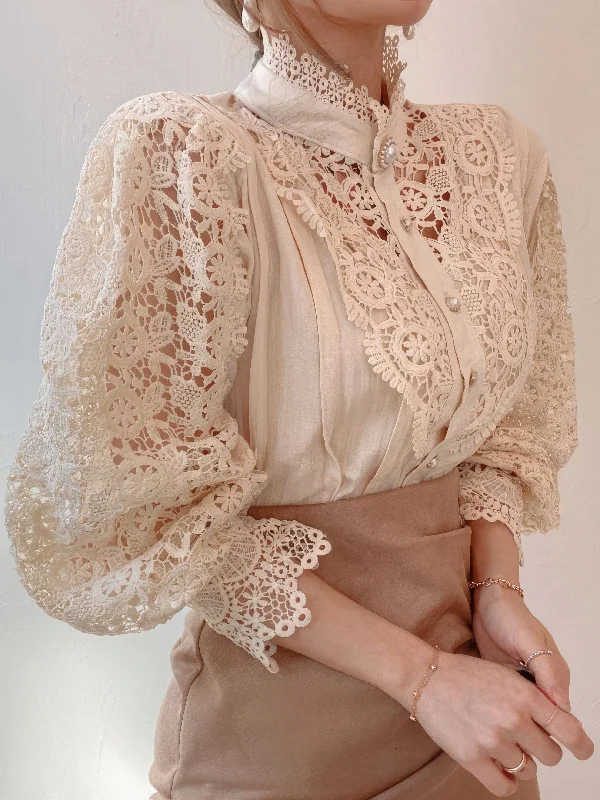 Elegant Hollow-out Lace Blouse with Pearl Buttons and Stand-up Collar Satin Drape Blouse