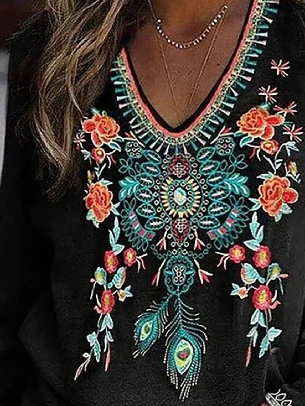 Ethnic Print V-Neck Blouse Puff Sleeve Blouse