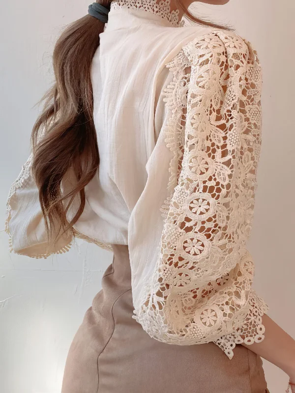 Floral Lace Blouse with Button-up Front and Pearl Details Lightweight Floral Blouse