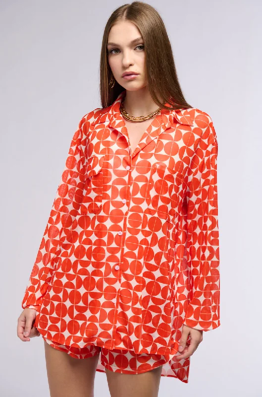 GIVE ME MONEY HONEY PRINTED MESH BUTTON DOWN BLOUSE Textured Cotton Blouse