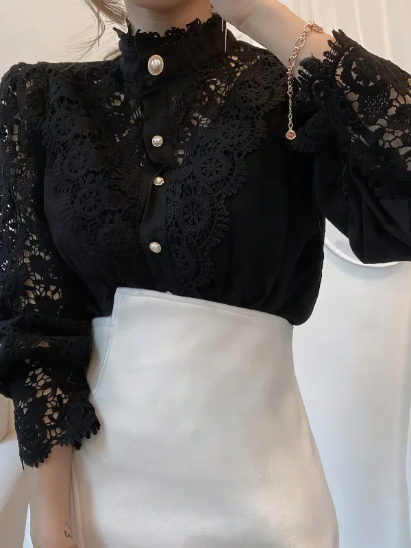 High Neck Lace Blouse with Long Lantern Sleeves Sweetheart Neck Blouse