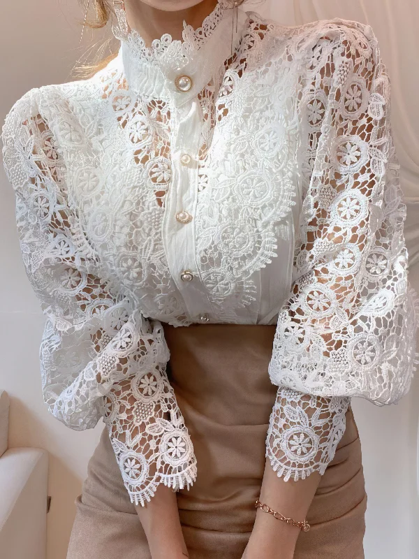 Hollow-out Lace Pearl Button Stand Collar Long Sleeve Blouse Satin Bow Blouse