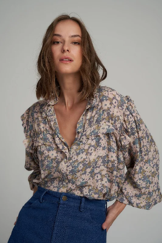 Lilya - Ratu Blouse - Floral Blue Floral Chiffon Blouse