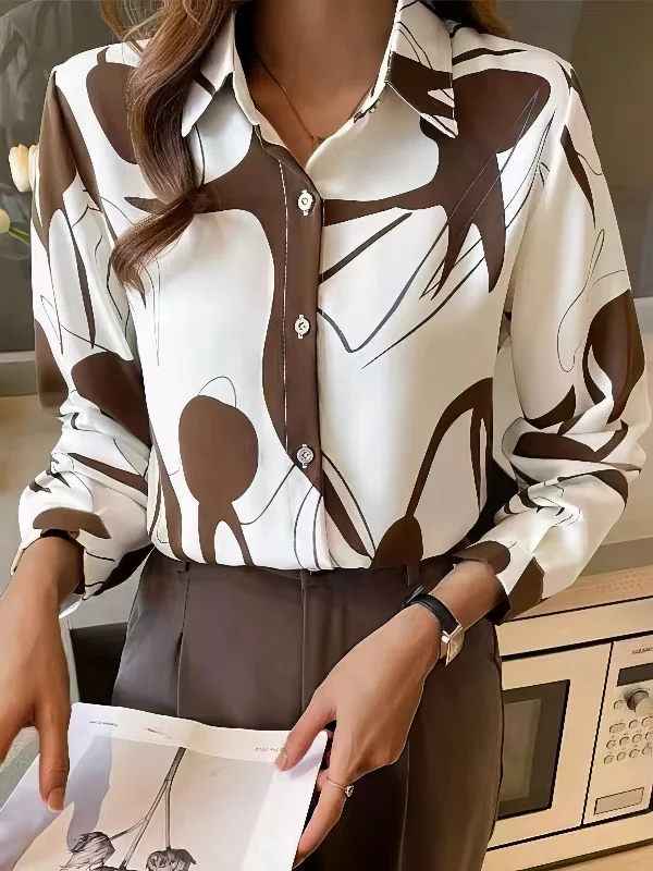 Long Sleeve Button-Down Blouse with Abstract Print Feminine Puff Blouse