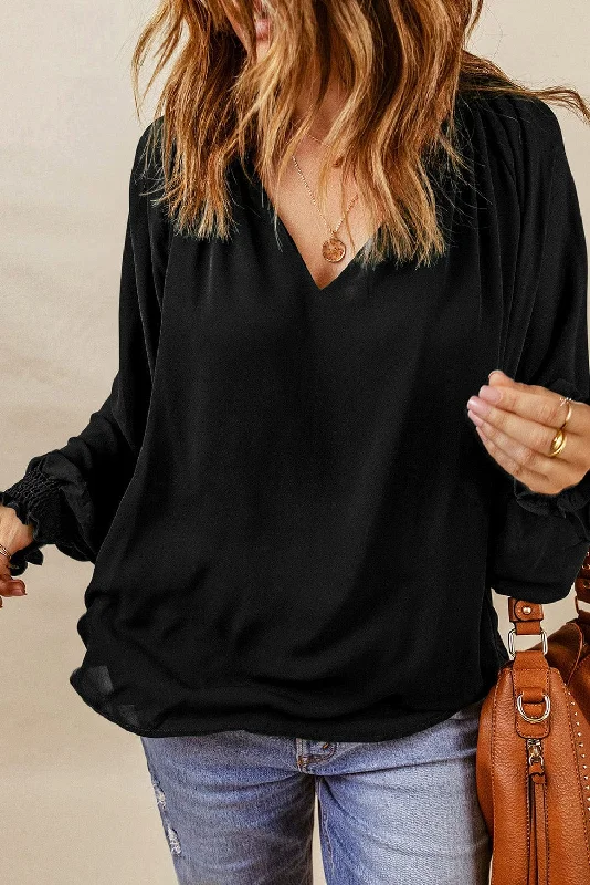 Loose Fit V Neck Blouse Gathered Detail Blouse