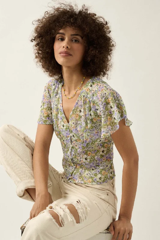 Magic in Bloom Floral Chiffon Button-Front Blouse Sheer Mesh Blouse