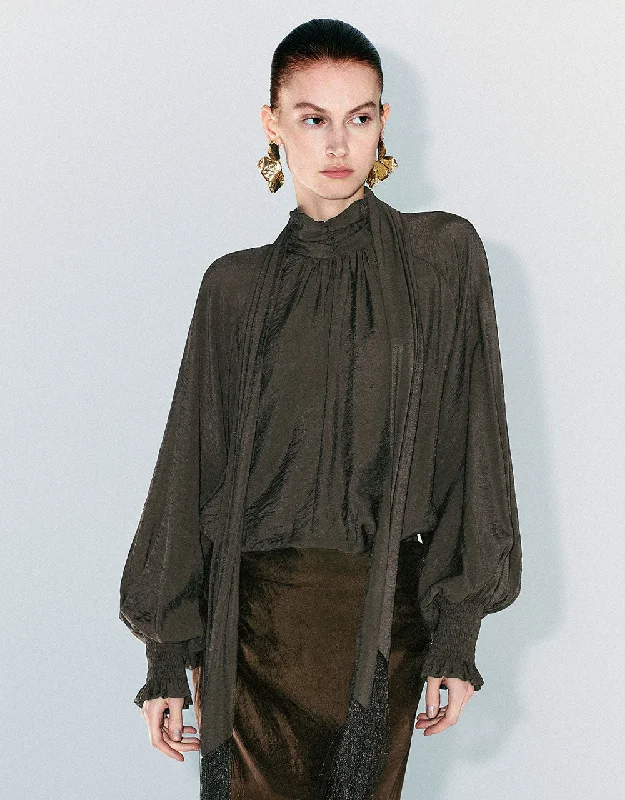 Oversized Blouse With Tie Satin Long Blouse