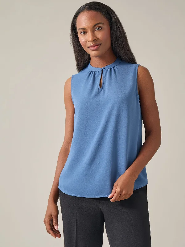 Petite Sleeveless Keyhole Blouse, Solid Crepe Casual Relaxed Blouse