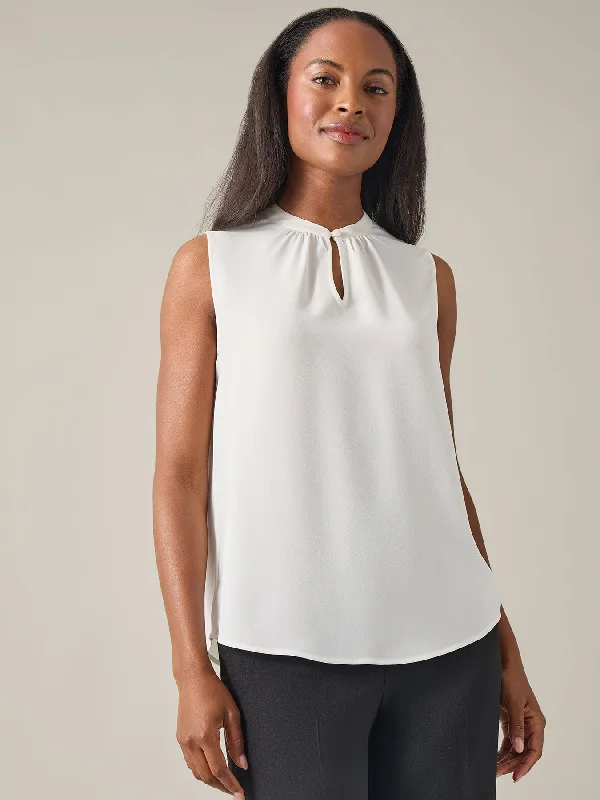 Petite Sleeveless Keyhole Blouse, Solid Crepe Silky Draped Blouse