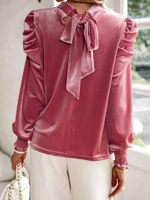 Pink Velvet Blouse with Bow Tie Short Sleeve Blouse