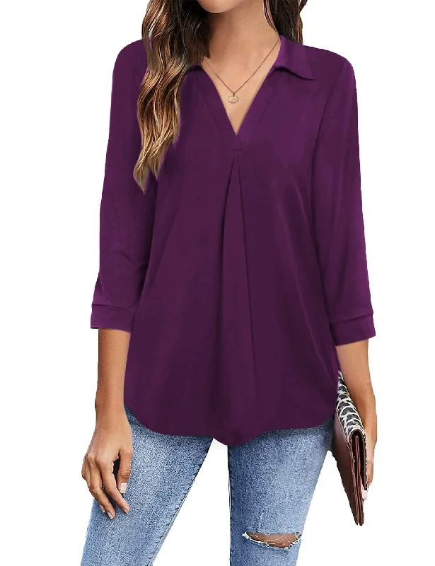 Polyester V Neck Blouse Polished Work Blouse