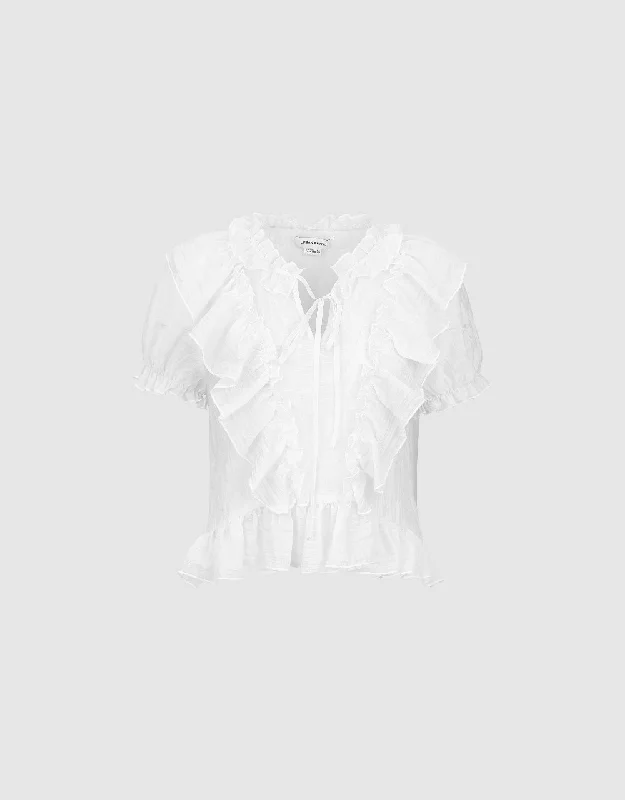 Ruffle Puff Sleeve V-Neck Blouse Mandarin Collar Blouse