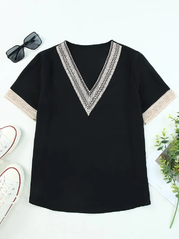 Short Sleeve Lace Detail Blouse Stylish Wrap Blouse