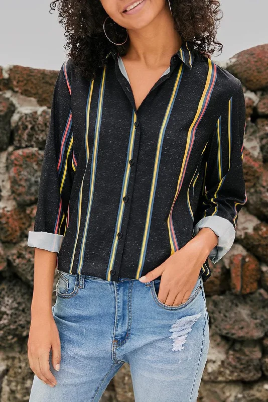 Striped Blouse with Cuff Detail Casual Button Blouse