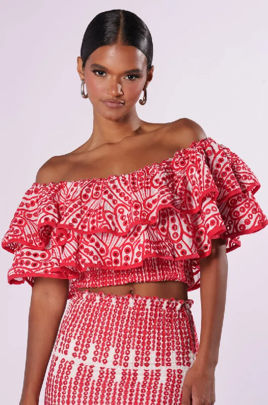 SUMMER LOVING OFF THE SHOULDER RUFFLE CROP BLOUSE Airy Cotton Blouse