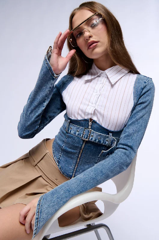 SWEET & PLENTY BUTTON DOWN DENIM BLOUSE Chic Square Blouse