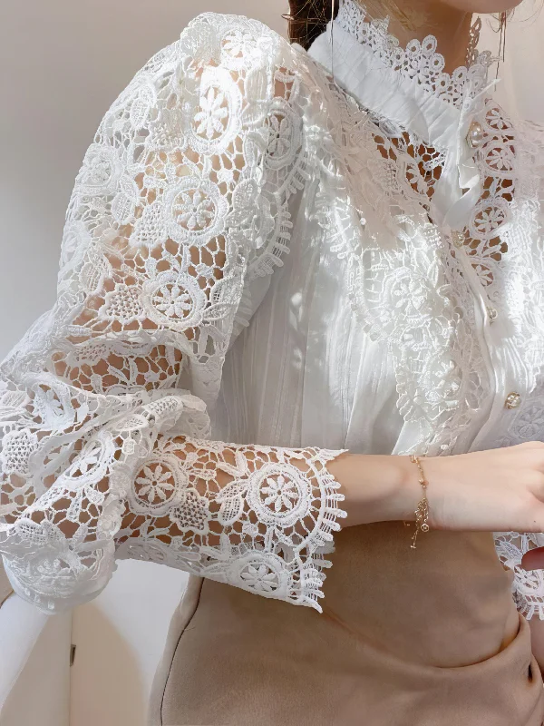 Trendy Lace Blouse with Puffy Sleeves and Pearl Accents Sheer Sleeve Blouse