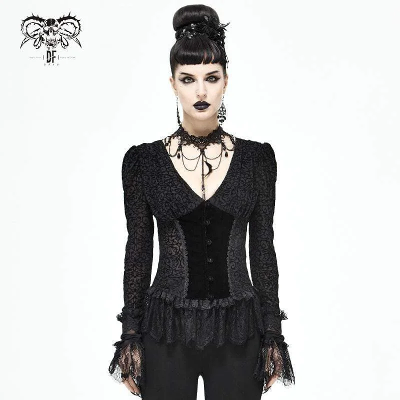 Women's Gothic Plunging Lace Splice Black Blouse Stylish Wrap Blouse