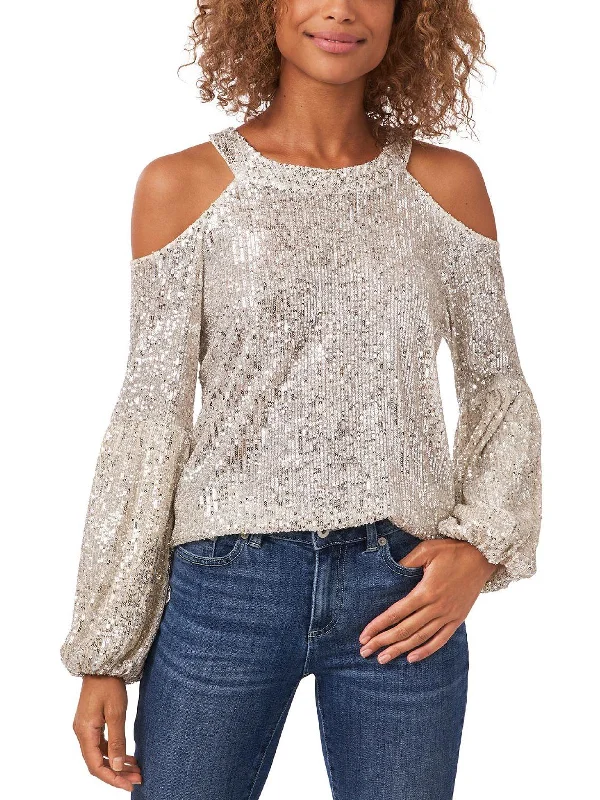 Womens Sequined Cold Shoulder Blouse Chic Square Blouse