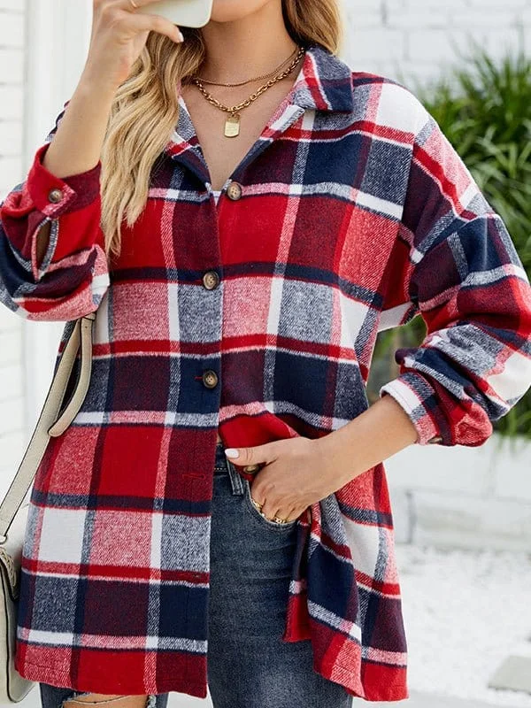 Woolen Plaid Shacket Casual Relaxed Blouse