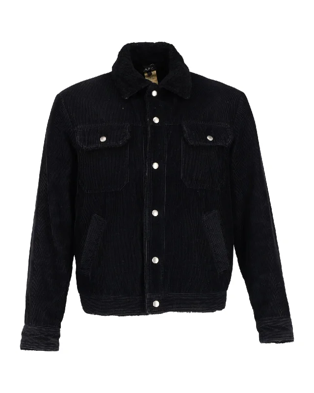 A.P.C. shearling-Collar Corduroy Jacket in Black Wool Front Pockets Side Pockets Patch Pockets