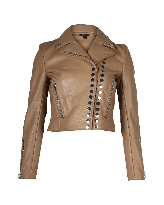 Alexander Wang Studded Biker Jacket in Sand Brown Cow Leather Silk Blend Satin Velvet