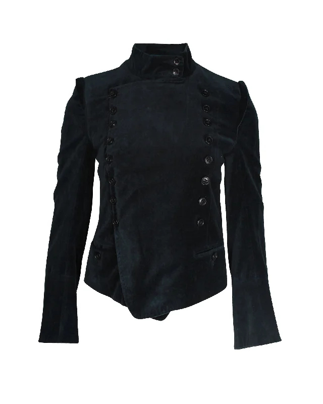 Ann Demeulemeester Double-Breasted Jacket in Dark Turquoise Cotton V-Neck T-Shirt Long Sleeve Cotton