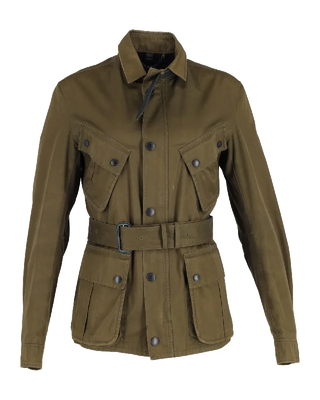 Burberry Prorsum Belted Field Jacket in Green Polyester Notch Collar Peter Pan Collar Cowl Neck