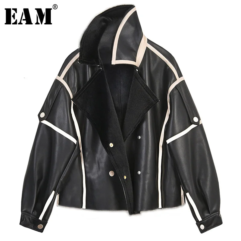 [EAM] Loose Fit Black Big Size Pu Leather Short Jacket New Lapel Long Sleeve Women Coat Fashion Tide Autumn Winter 2019 1M078 Plaid T-Shirt Polka Dot Checkered