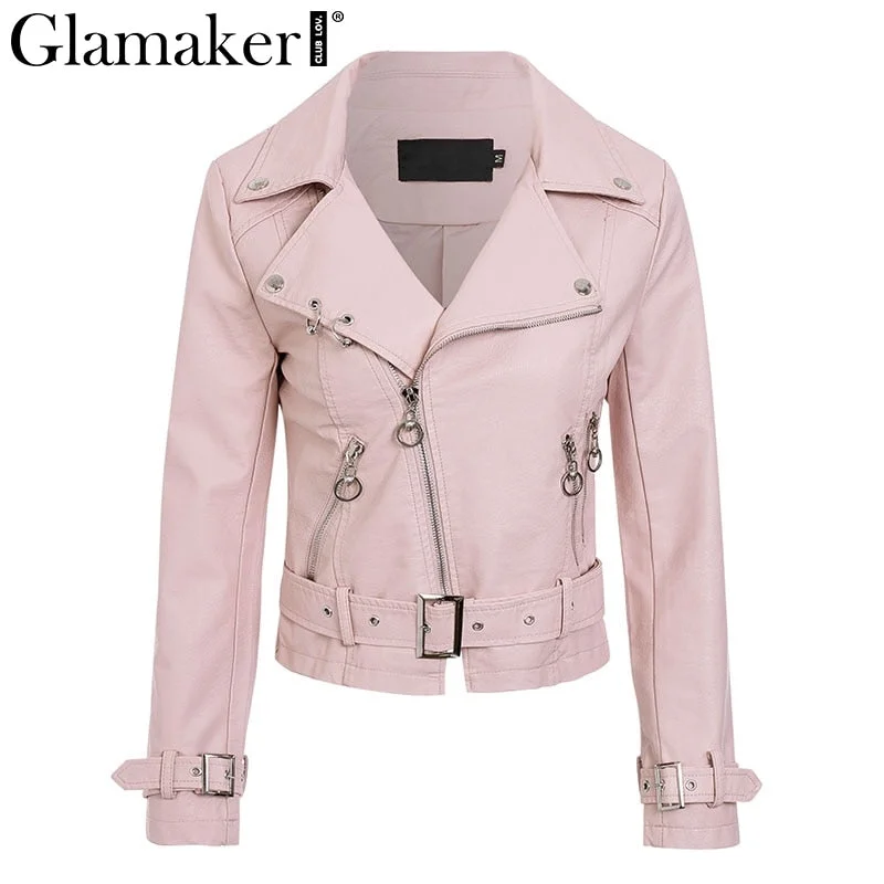 Glamaker Pu leather zippers basic jacket coat Women long sleeve genuine leather coat Female pink summer modis outwear streetwear Welt Pockets Slit Pockets Flap Pockets