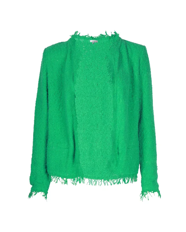 Iro Shavani Fringe Boucle Jacket in Green Cotton Ribbed Striped Patterned