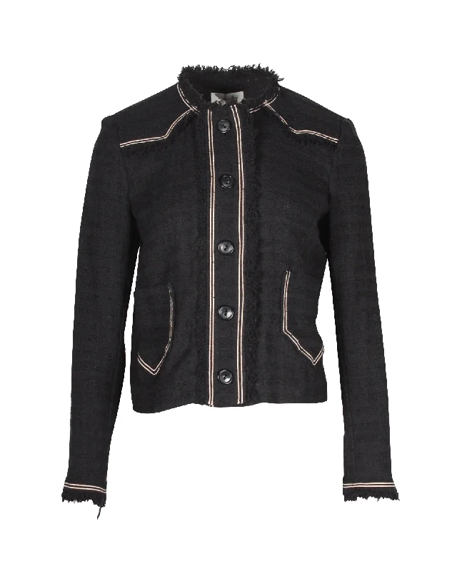 Isabel Marant Etoile Ferris Fringed Tweed Jacket in Black Cotton Solid Print Embellished