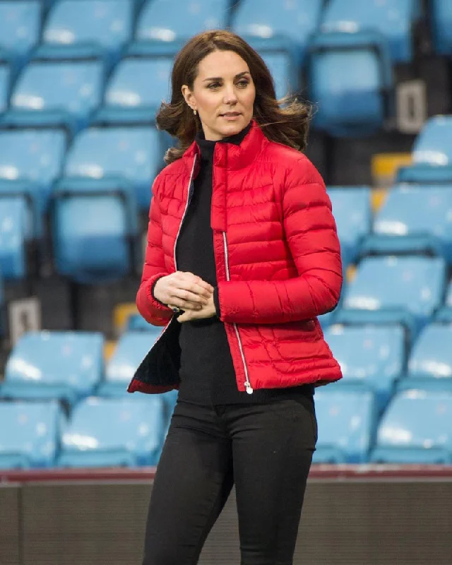 Kate Middleton Red Puffer Jacket Ribbed Striped Patterned