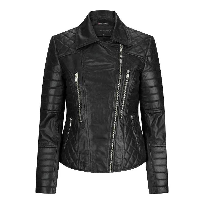 Ladies Women Real Leather Biker Rock Black Slim Fit Jacket Mesh Canvas Denim