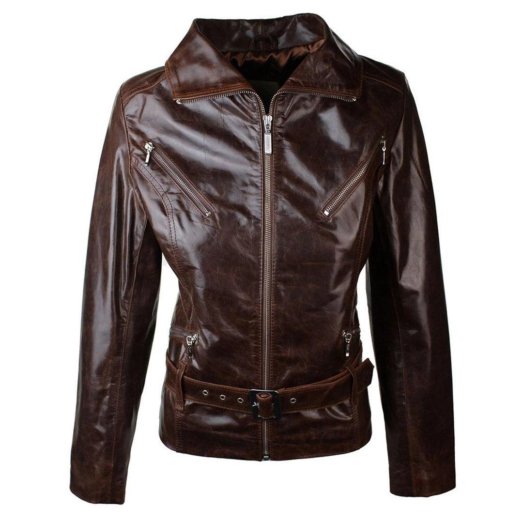 Ladies Women Real Leather  Biker Style Rock Belted Vintage Brown Jacket Wool Fabric Cashmere Fabric Tweed Fabric