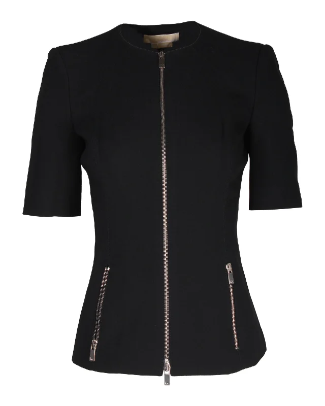 Michael Kors Zipped Short Sleeve Jacket in Black Wool Terry Blend Velvet Blend Canvas Blend