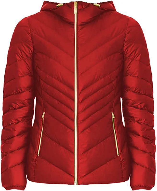 Michael Michael Kors Women's Red Down Hooded Packable Puffer Coat Jacket Asymmetrical Pockets Print