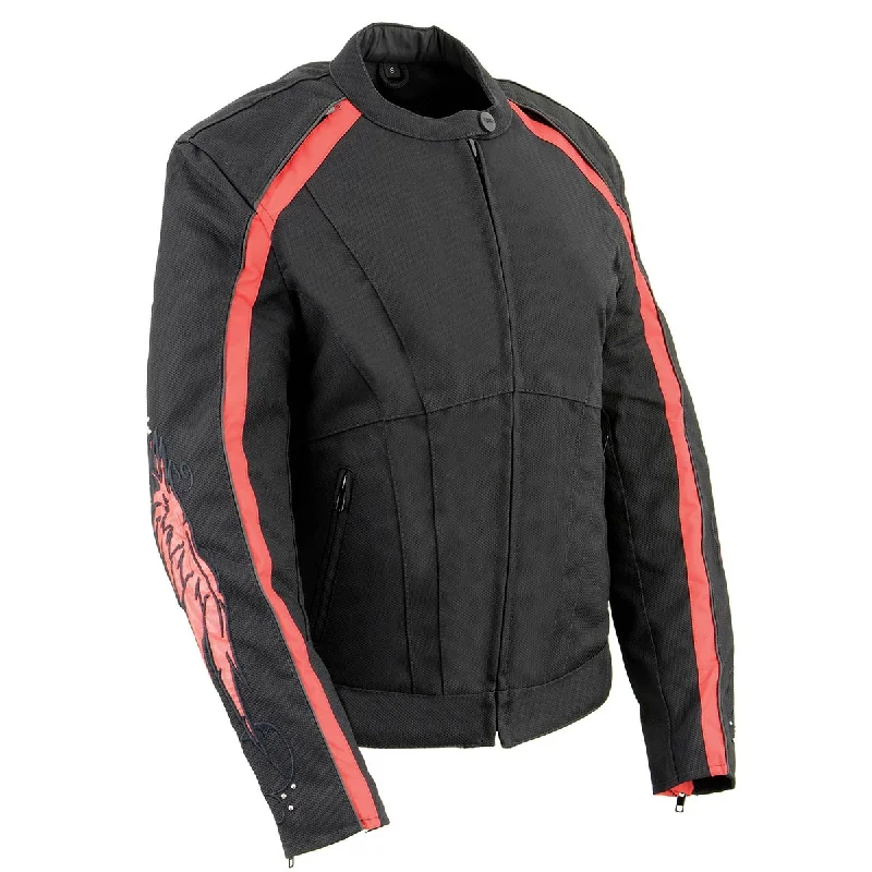 Milwaukee Leather SH1954 Women's Black and Red Textile Jacket with Chenille Blend Fleece Blend Nylon Blend