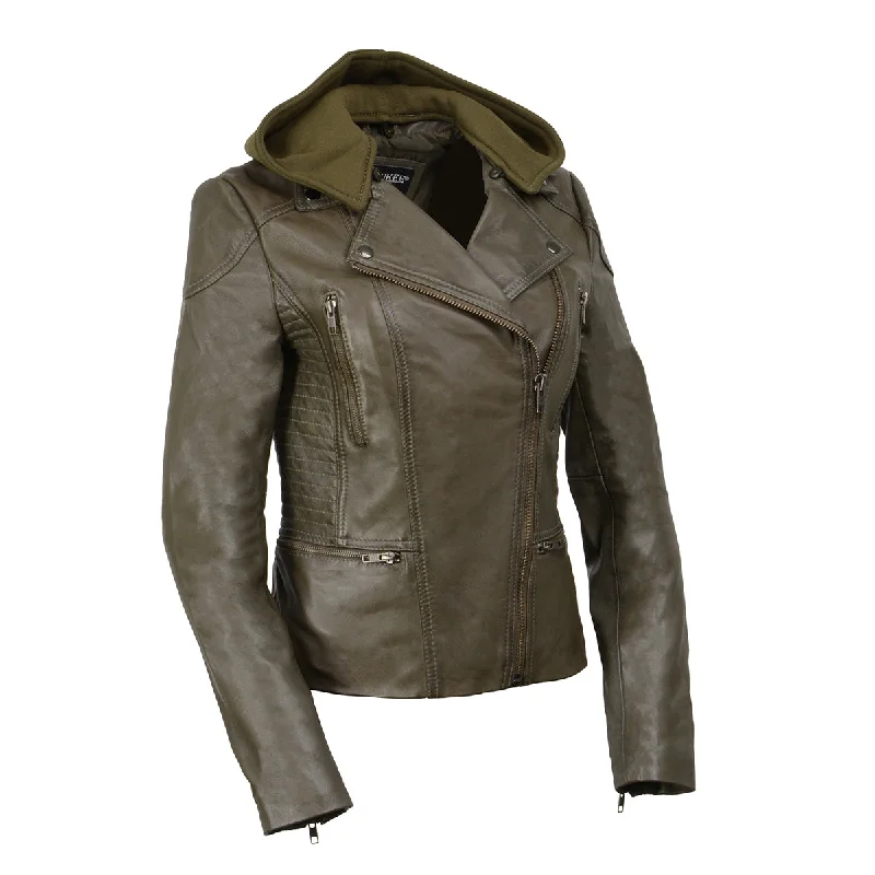 Milwaukee Leather SFL2815 Womens Olive Motorcycle Style Leather Jacket Real Fur Shearling Chenille